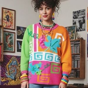 Santoria L Vintage 80s 90s Neon Artsy Eclectic Abstract Dopamine 3D Knit Sweater